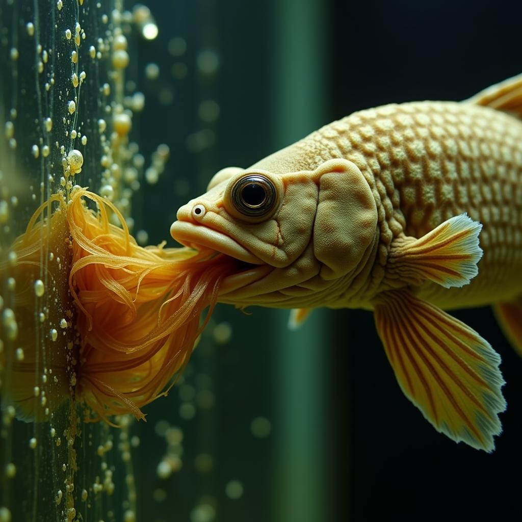 A bottom-feeder fish, likely a pleco, eating a wafer stuck to the glass.