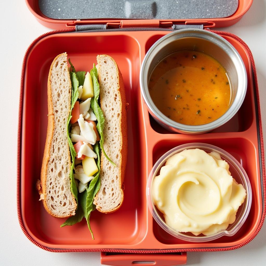 Brace-friendly school lunch ideas: Soft sandwich, soup, and mashed potatoes.