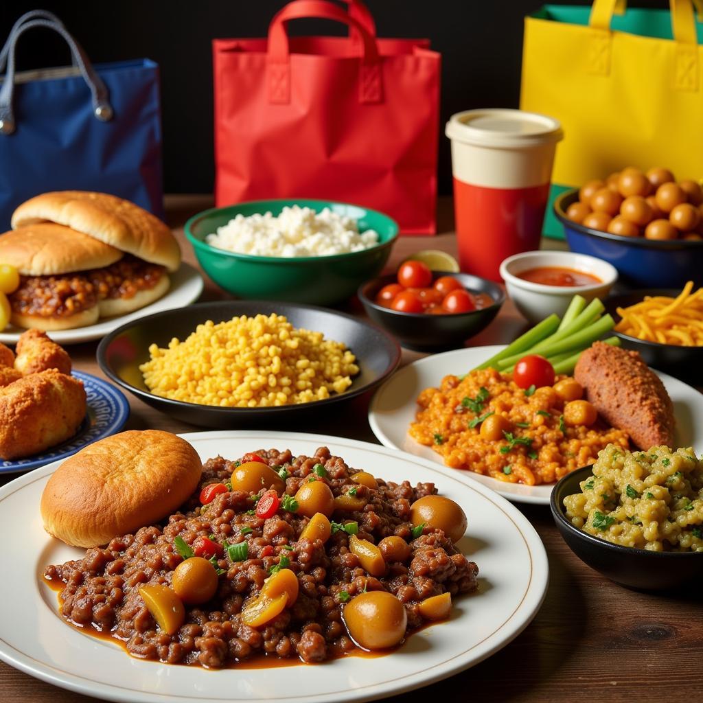 Brazilian Food Delivery Variety: A spread of various Brazilian dishes ready for delivery, including feijoada, pão de queijo, and coxinha.