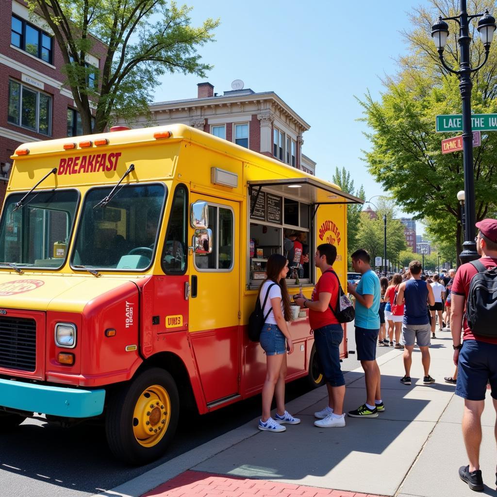 A bustling breakfast food truck serving hungry customers on a city street corner.