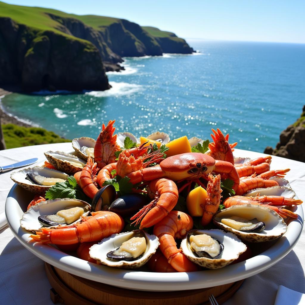 A Breton seafood platter with a scenic coastal view in the background.