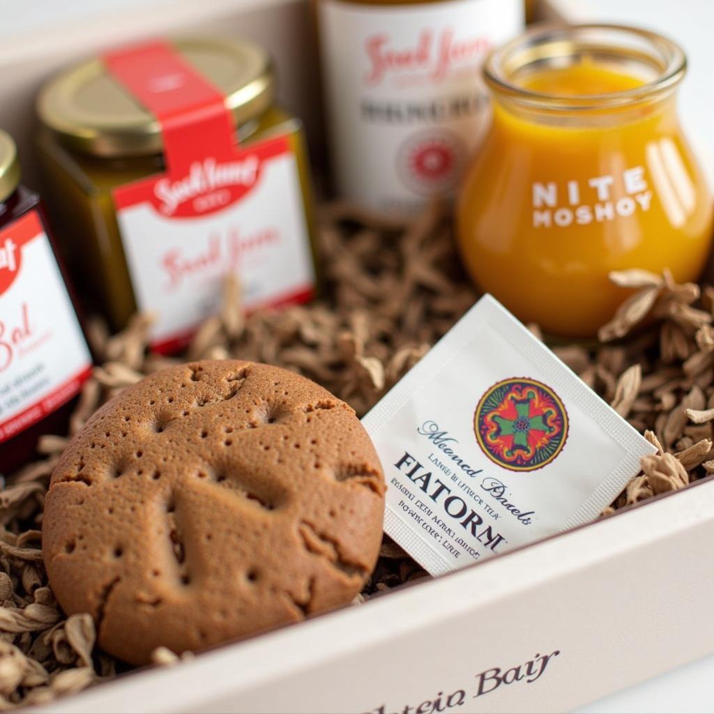 Close-up of various items typically found in a British food subscription box, including biscuits, tea, and jam.