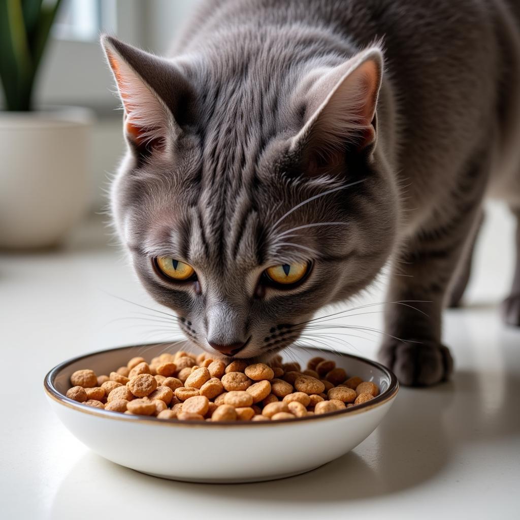 A British Shorthair cat enjoying a bowl of premium cat food