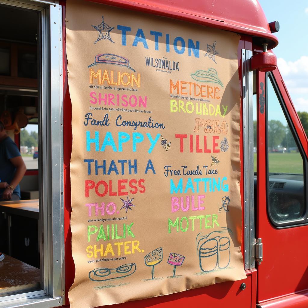 Colorful menu written in chalk on butcher paper on a food truck