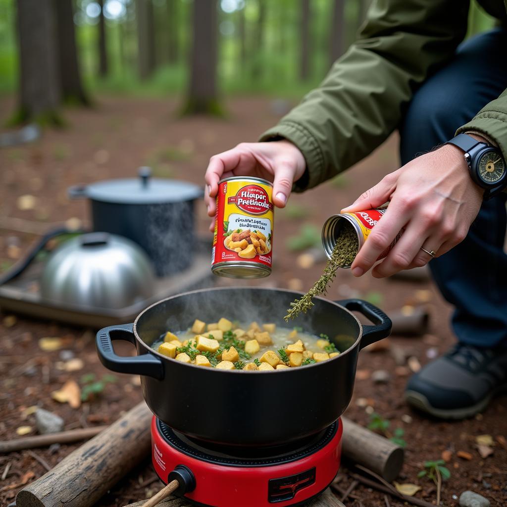 Preparing a camping meal with canned food