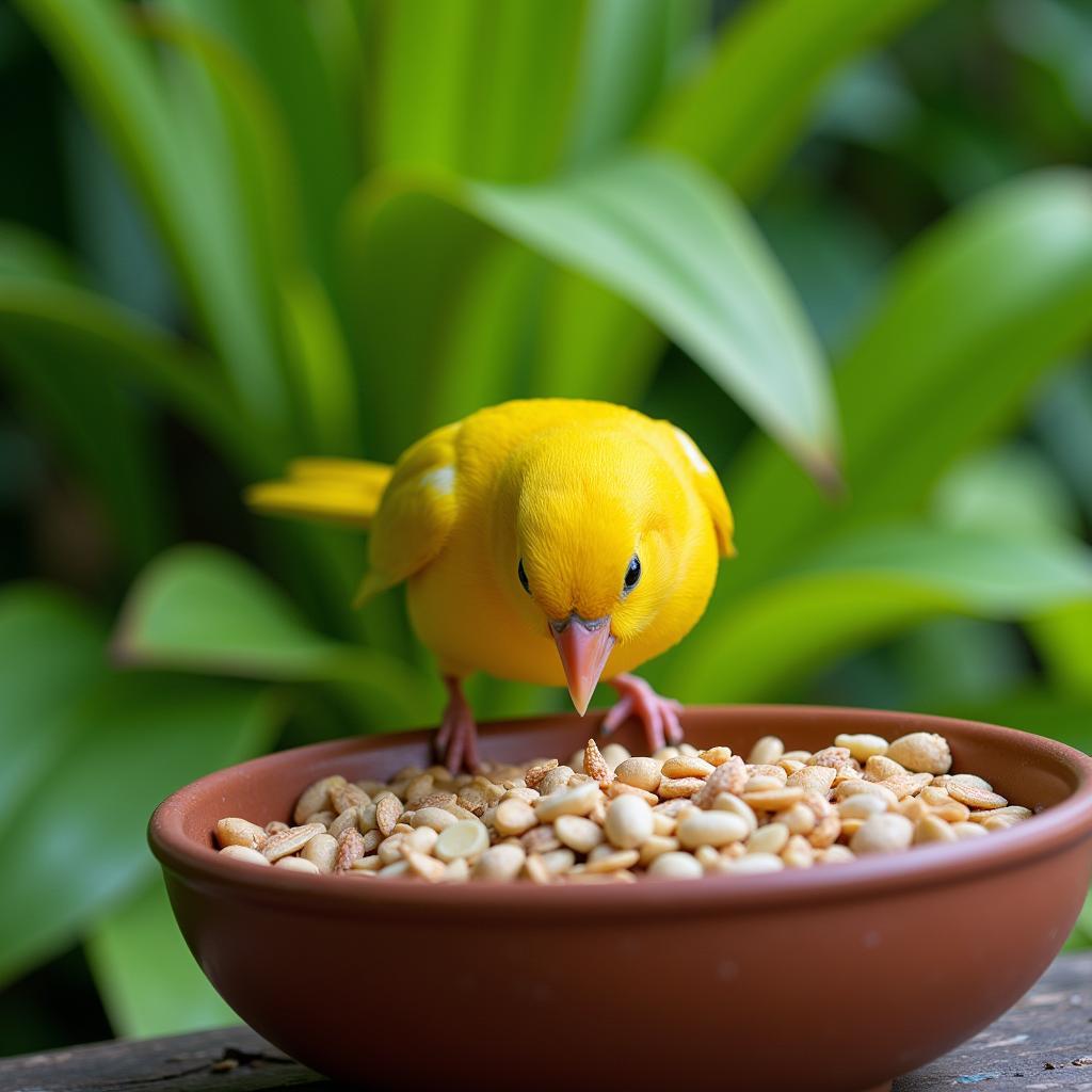 A canary perched on a bowl, happily enjoying its seeds.