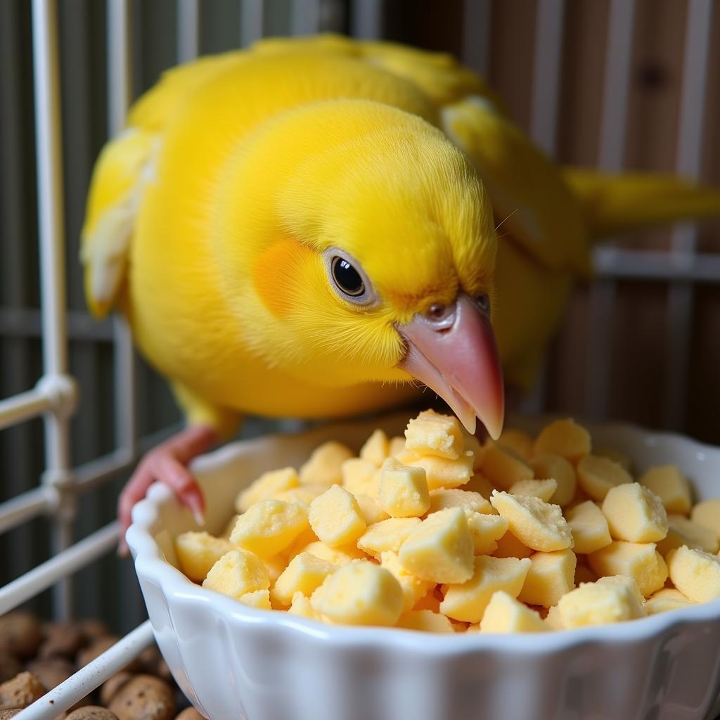 A canary perched on its cage happily eating egg food from a dish.