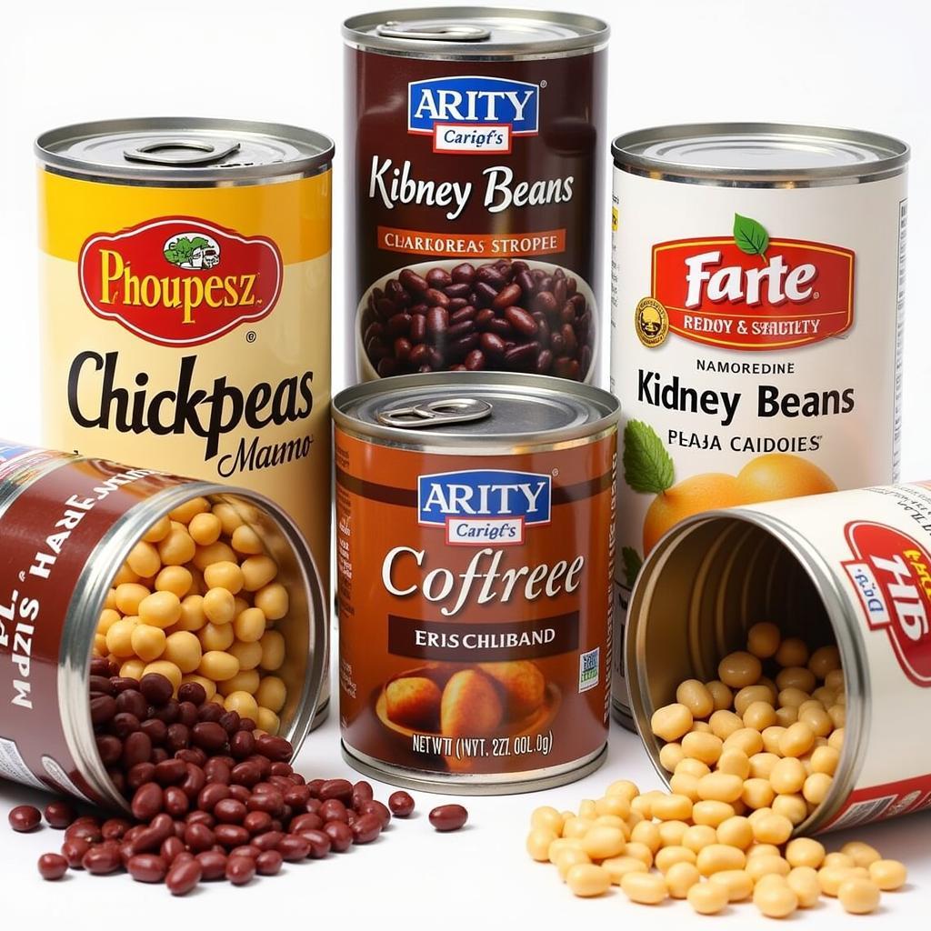 Assortment of canned beans: chickpeas, black beans, kidney beans, pinto beans