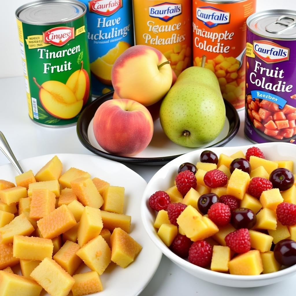 A selection of canned fruits such as peaches, pineapples, pears, and mixed fruit cocktail