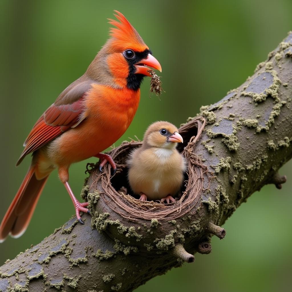 Cardinal feeding its young