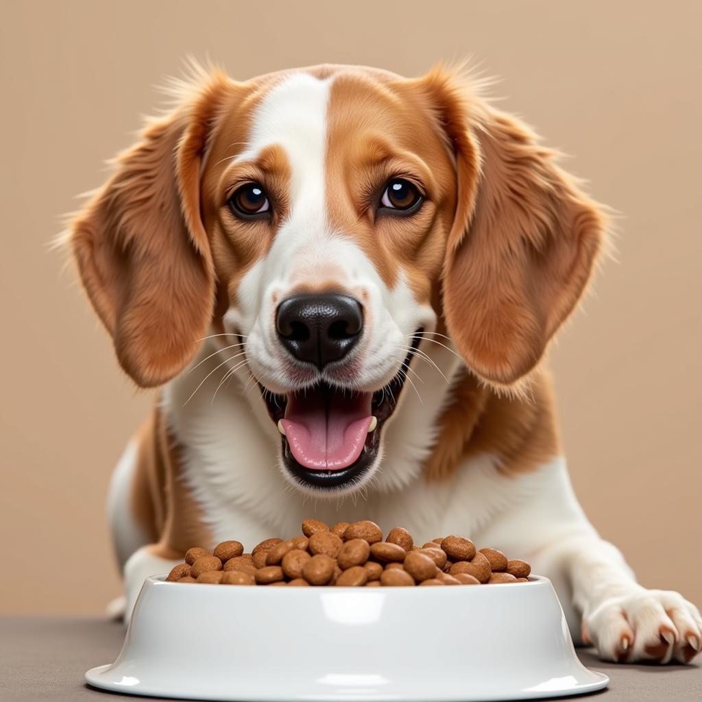 A happy, healthy dog enjoying a bowl of Carna4 chicken dog food.