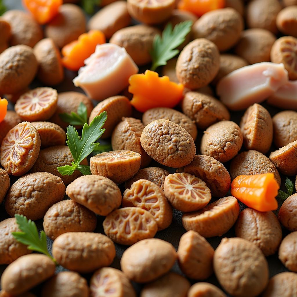 Close-up of Carna4 chicken dog food kibble showing the visible pieces of chicken and other natural ingredients.