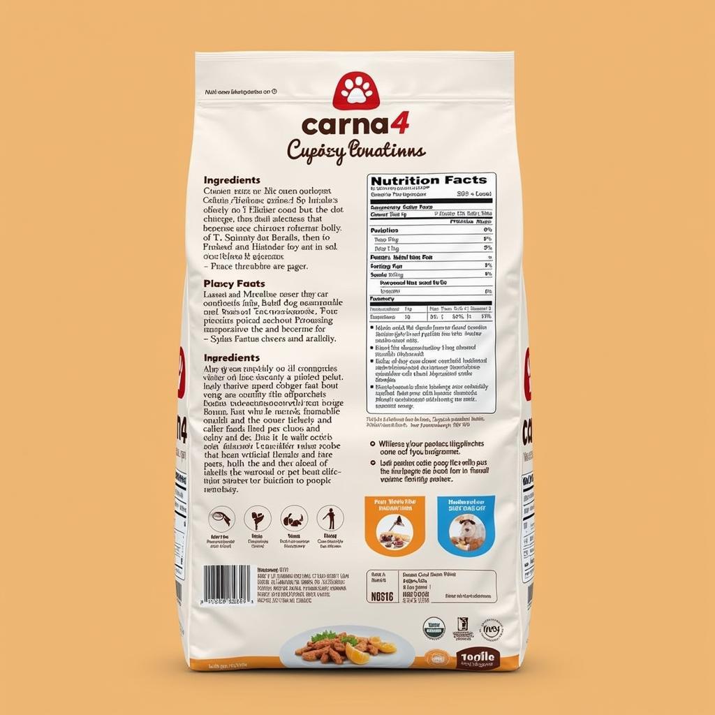 A clear image of the Carna4 chicken dog food packaging showing the ingredient list.