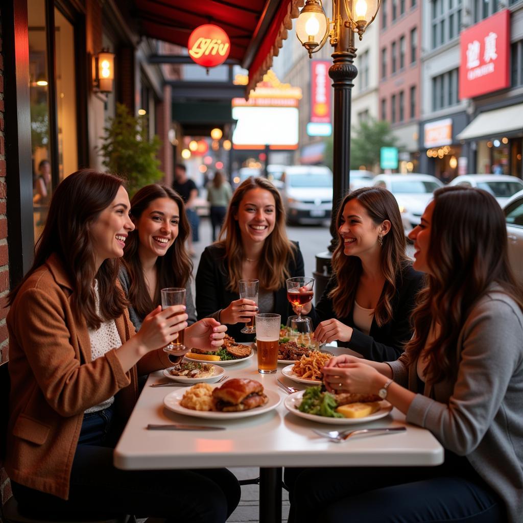 Friends enjoying a pre-show meal at a casual bistro near the lyric theater.