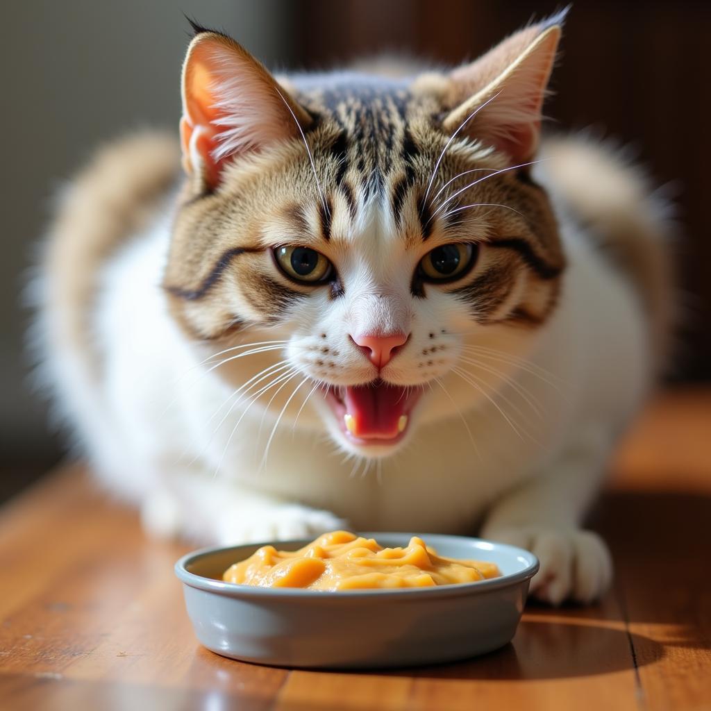 A happy cat enjoys a meal of canned pate cat food.