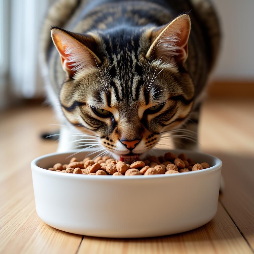 A cat enjoying its dry food from a bowl