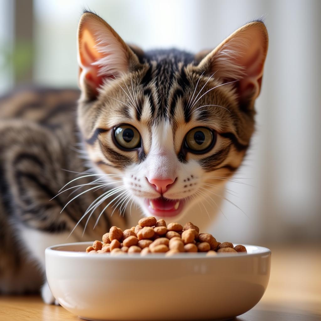 Cat eating from a bowl