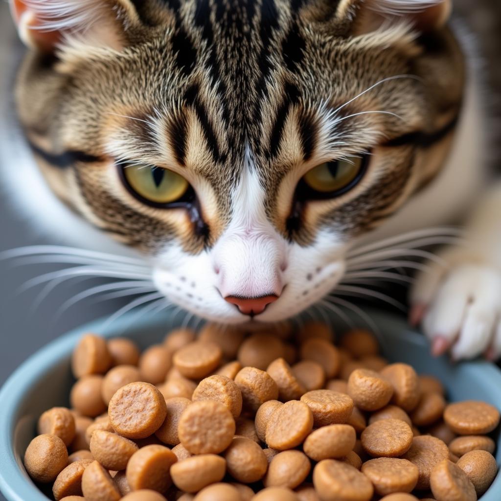 Close-up of a cat eating lamb and rice cat food