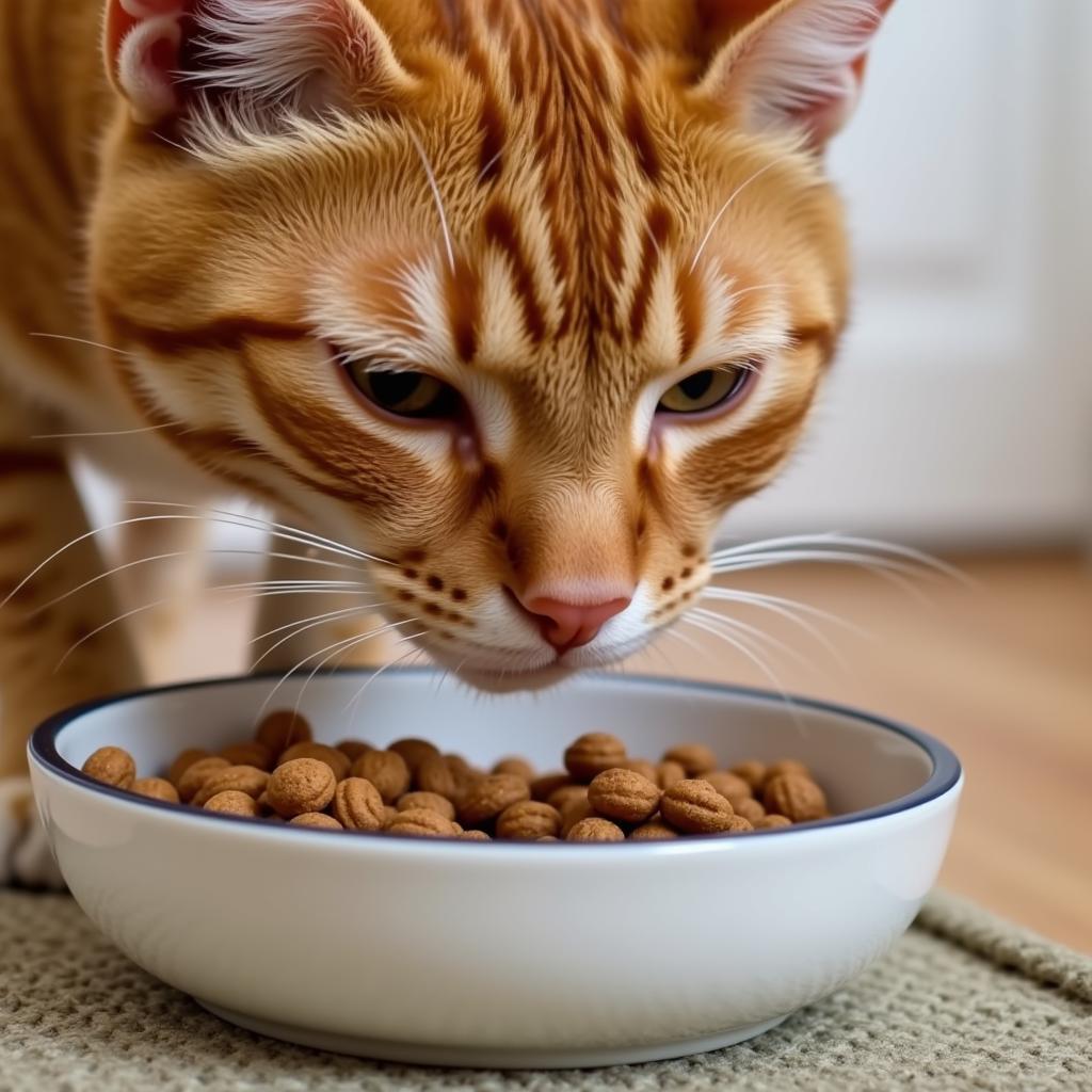 A happy cat eating from a bowl