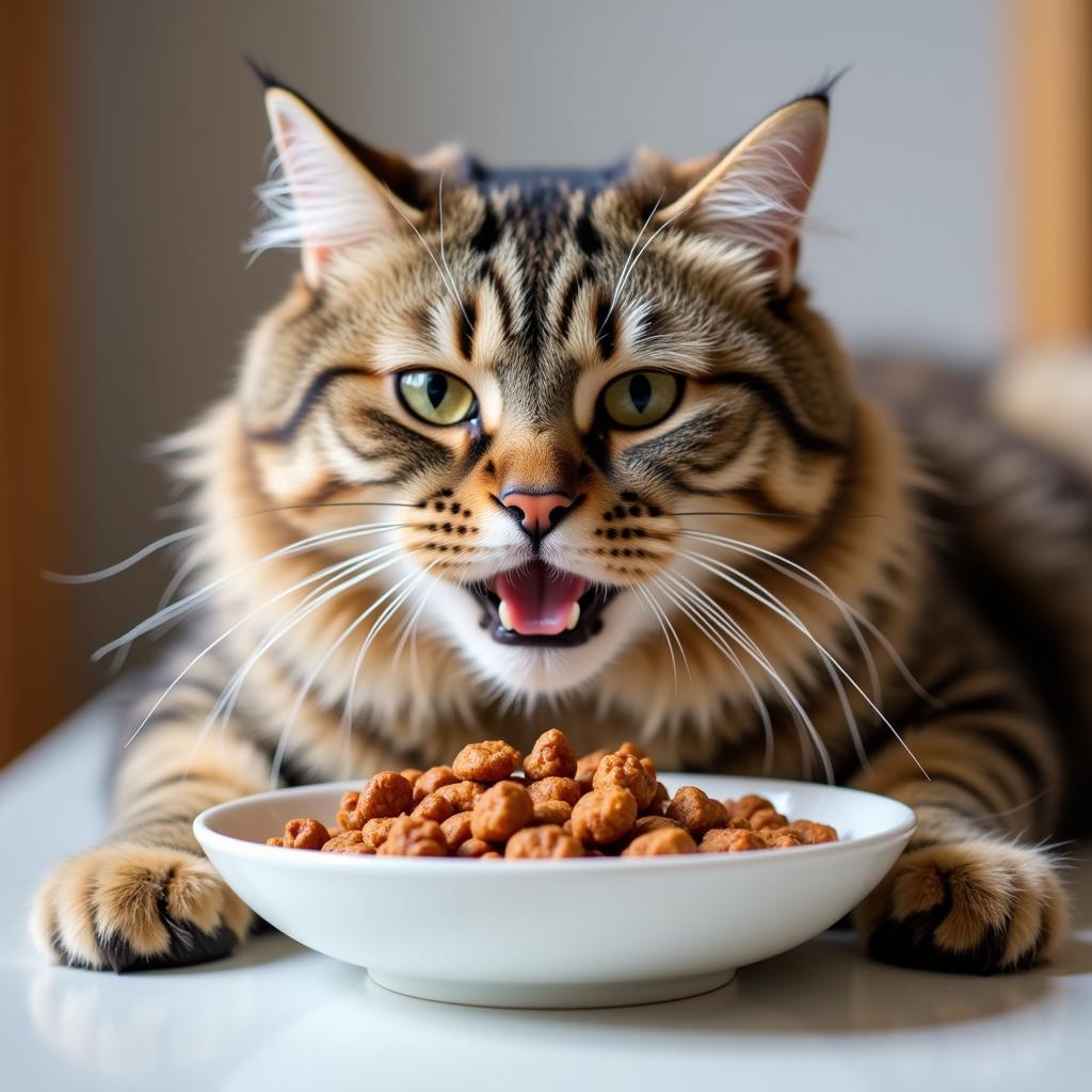 A happy cat eating feline medley formula cat food from a bowl.