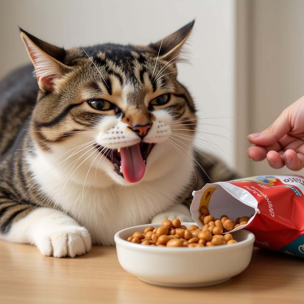 A Content Cat Enjoying a Meal from a Wet Food Pouch