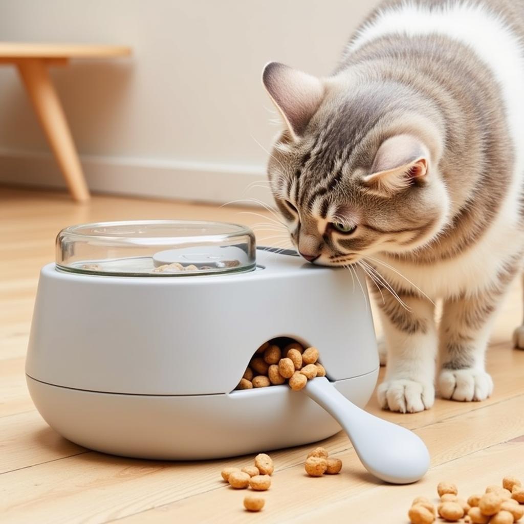 Cat Interacting with a Food Dispensing Toy