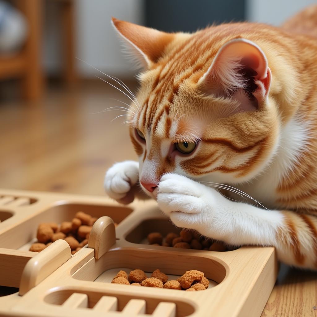 Cat Solving a Puzzle Feeder for a Treat