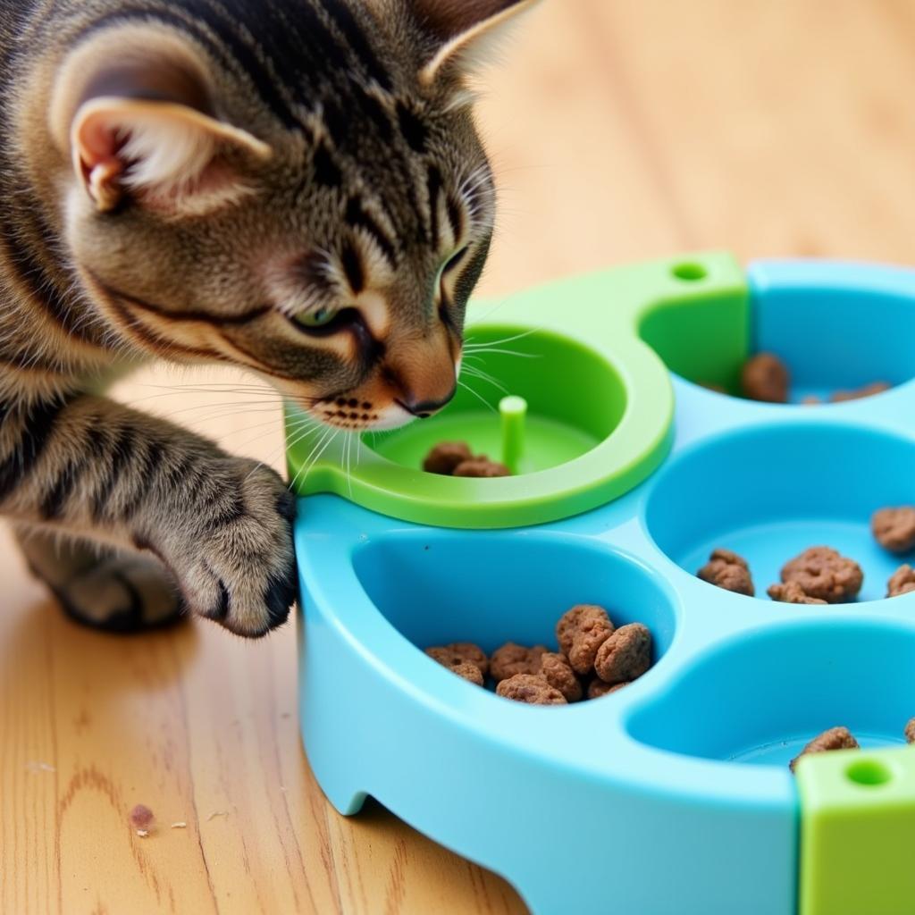 A tabby cat intently using a wet food puzzle feeder to extract tasty morsels.