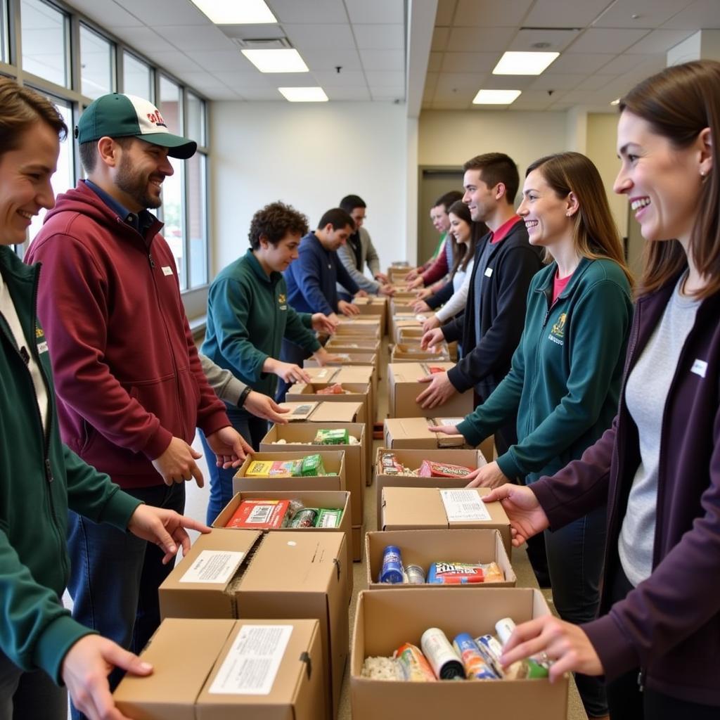 Volunteers distributing food boxes at the Catholic Charities of Merced Food Distribution Center