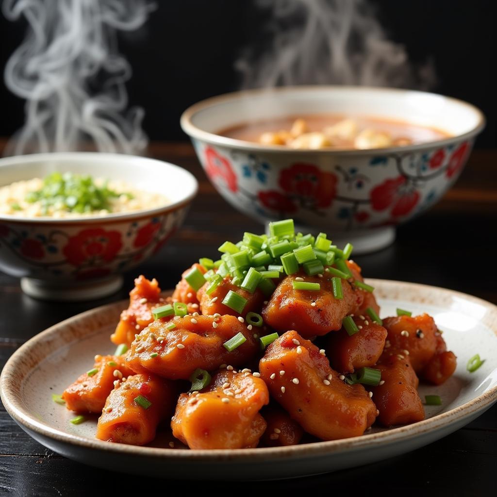 A close-up shot of popular Chinese dishes like General Tso's chicken and wonton soup in a Center Moriches restaurant.