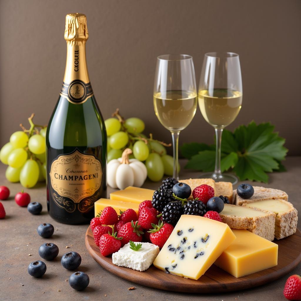 Champagne served with a selection of cheese and fresh fruit.