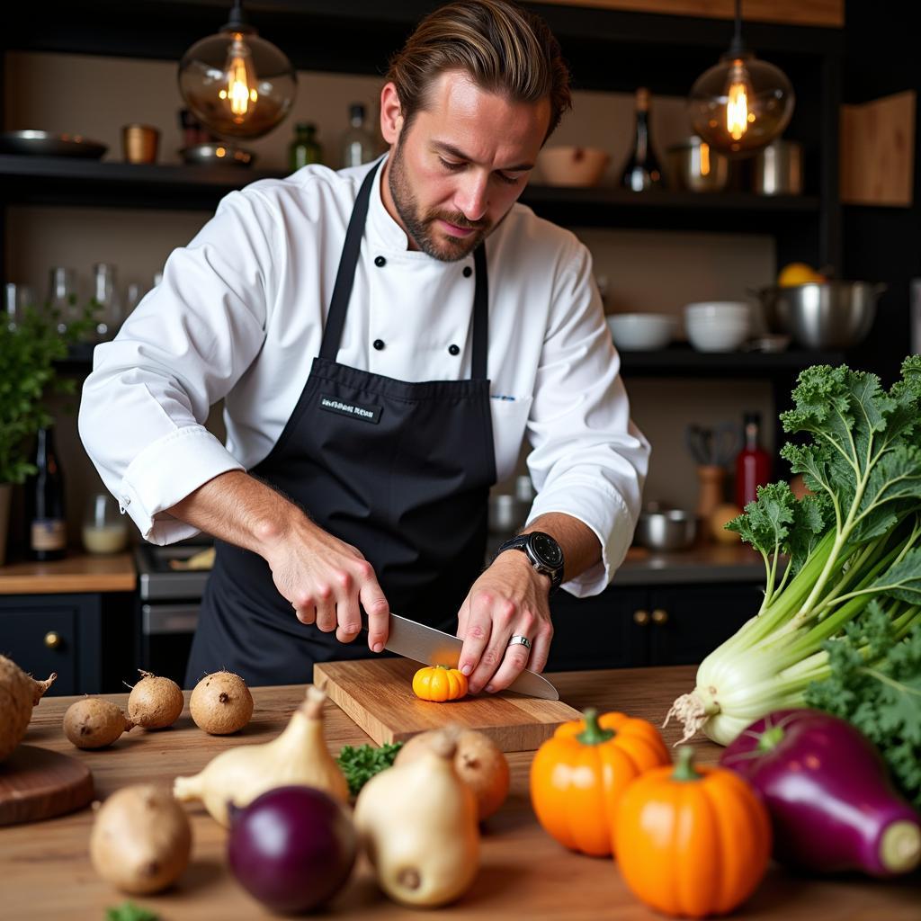 A chef preparing a dish emphasizing root vegetables as the foundation