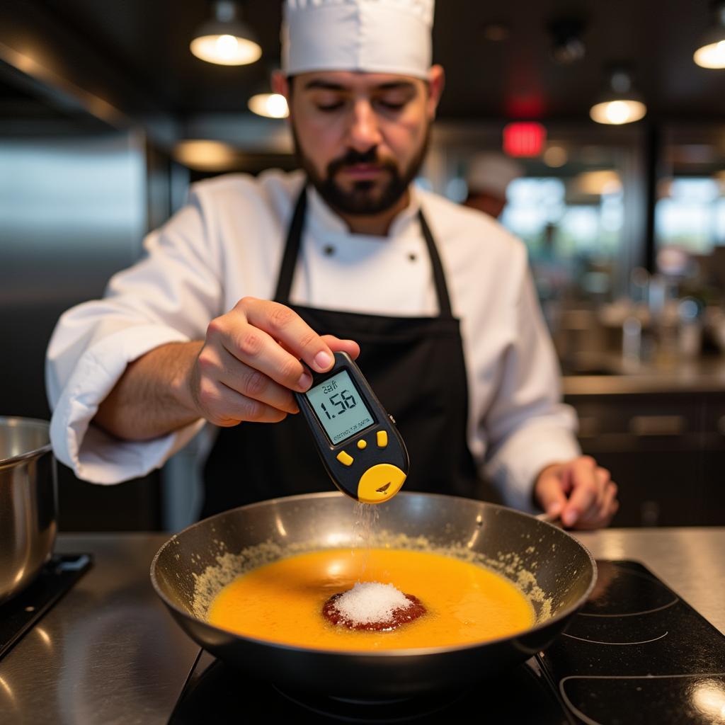 Chef Utilizing Salt Meter for Precise Seasoning in a Professional Kitchen