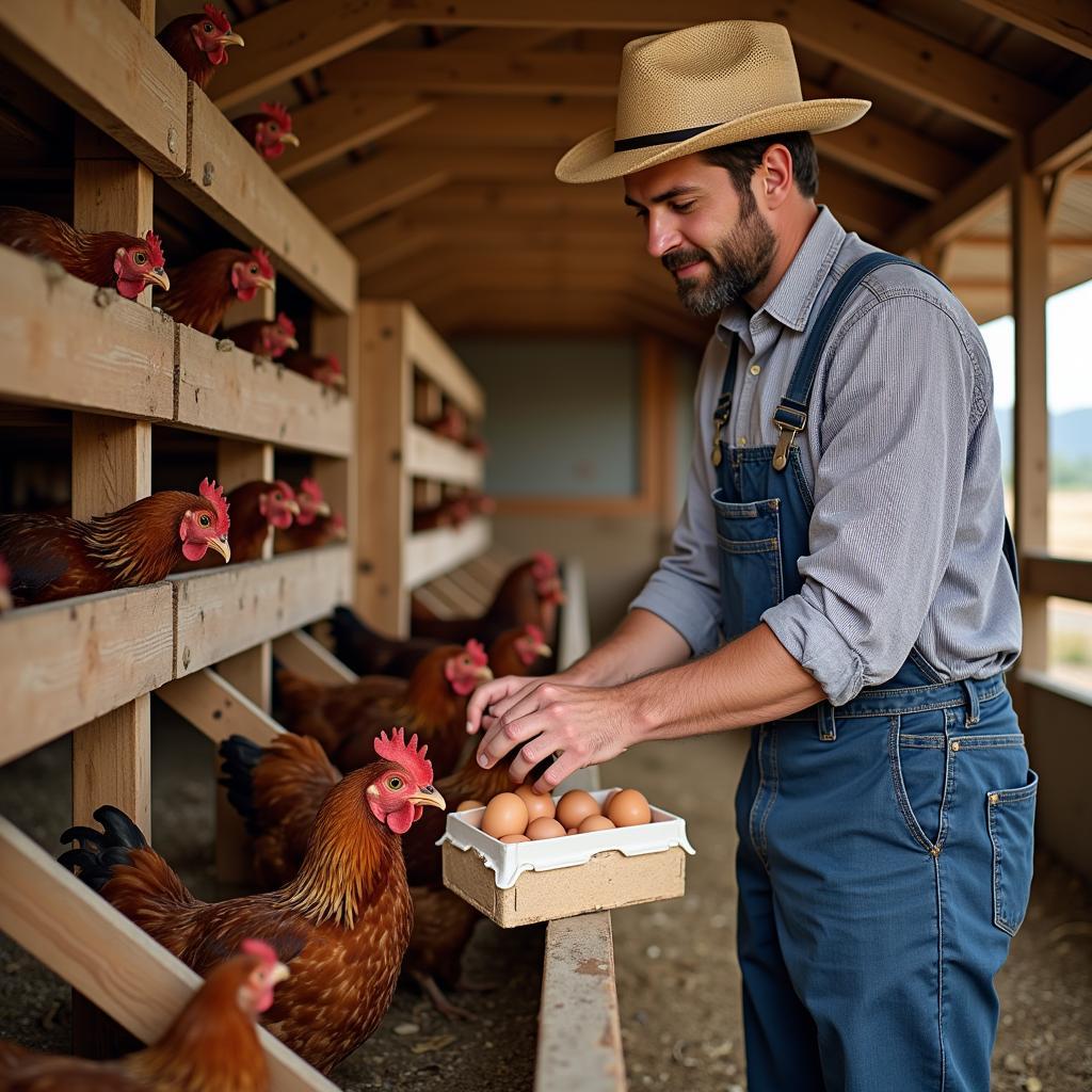 Farmer Collecting Eggs in the Chicken Run