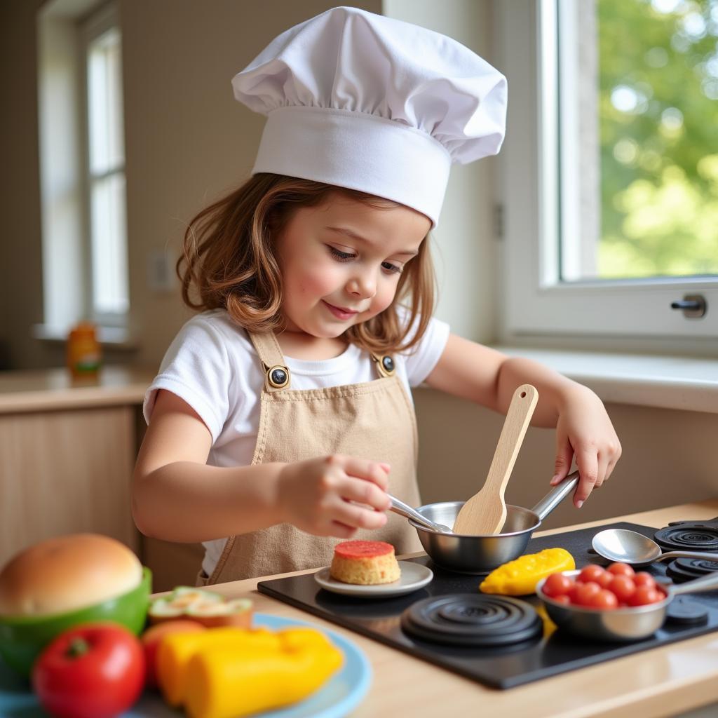 A child happily playing with a toy kitchen and play food