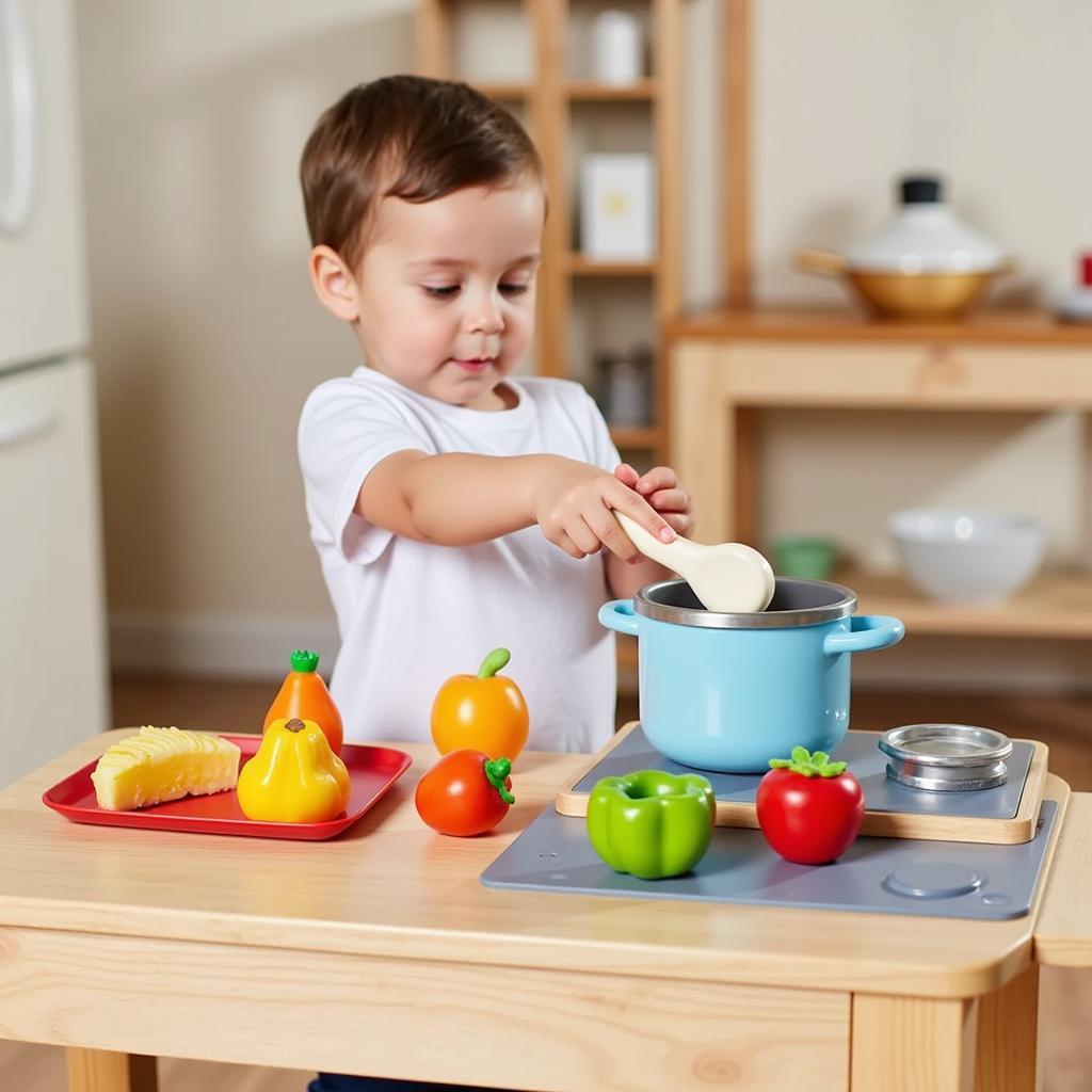 Child pretending to cook with toy food and kitchen set