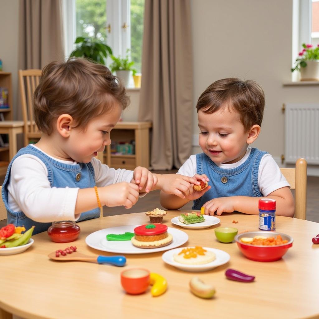 Two children collaboratively playing with kitchen toy food, sharing and interacting.