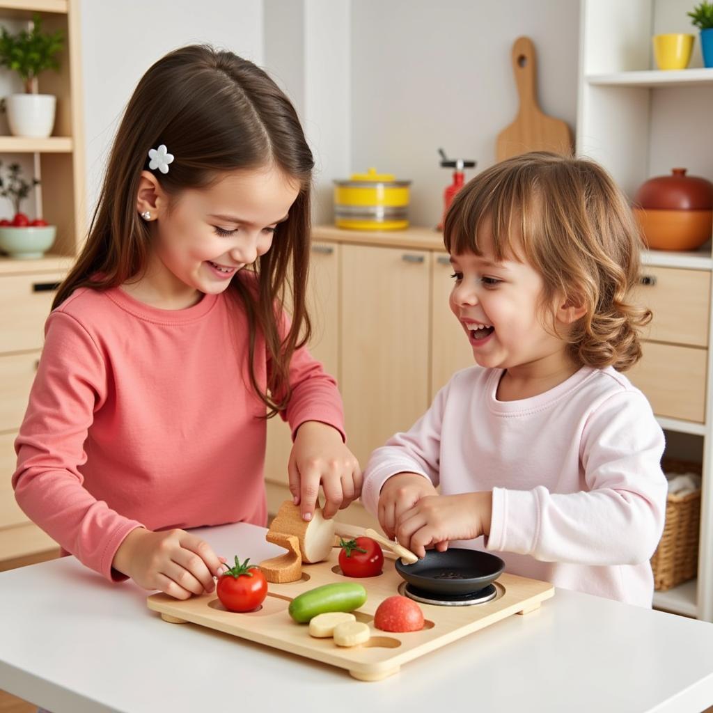 Children Engaging with Wooden Play Food in a Play Kitchen