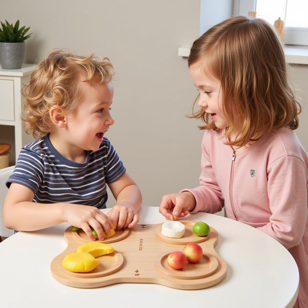 Children Playing with Wooden Toy Breakfast Set