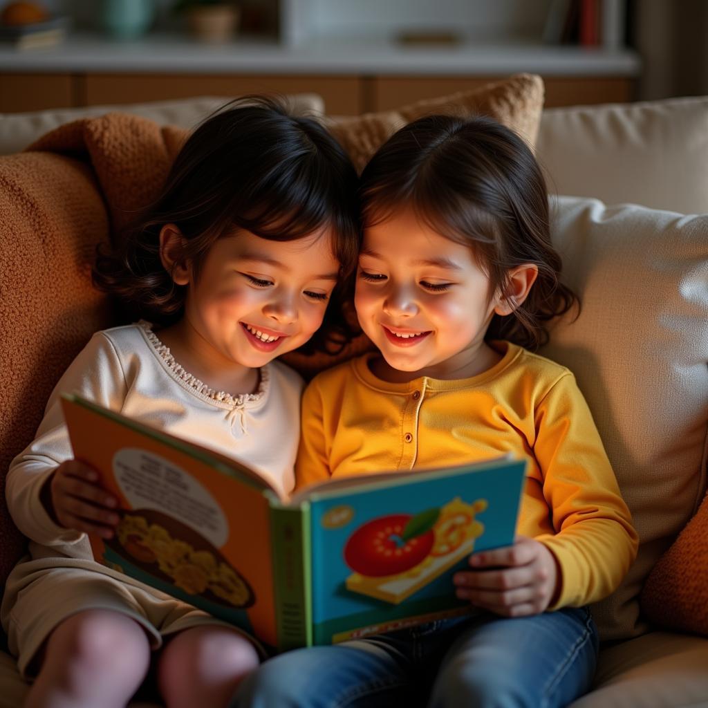 A parent reading a food-themed children's book to their child, sitting together on a cozy couch.