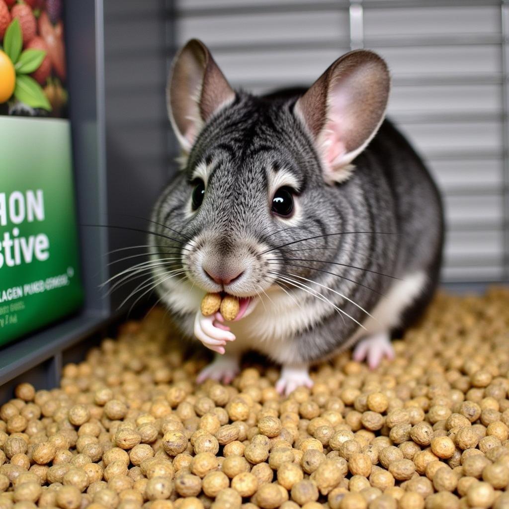 A chinchilla happily eating Oxbow Garden Select Chinchilla Food.