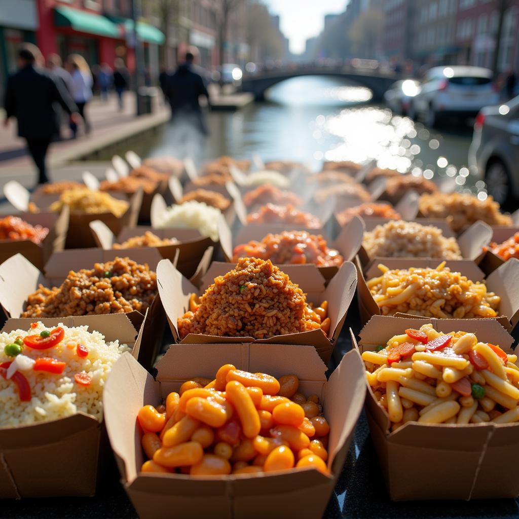 Chinese takeout containers stacked, ready for delivery in Amsterdam, NY.