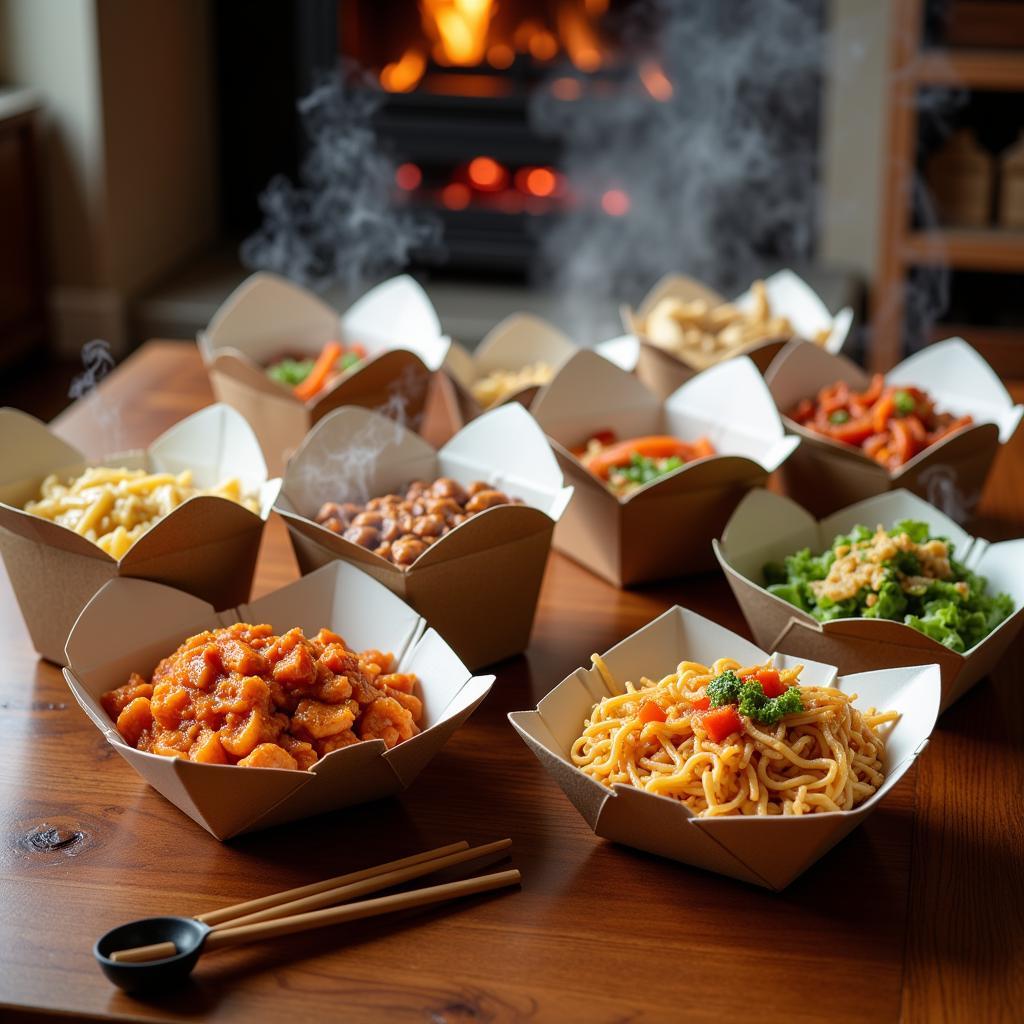 A table spread with various Chinese takeout containers, showcasing the diversity of dishes available for delivery in Castle Rock.