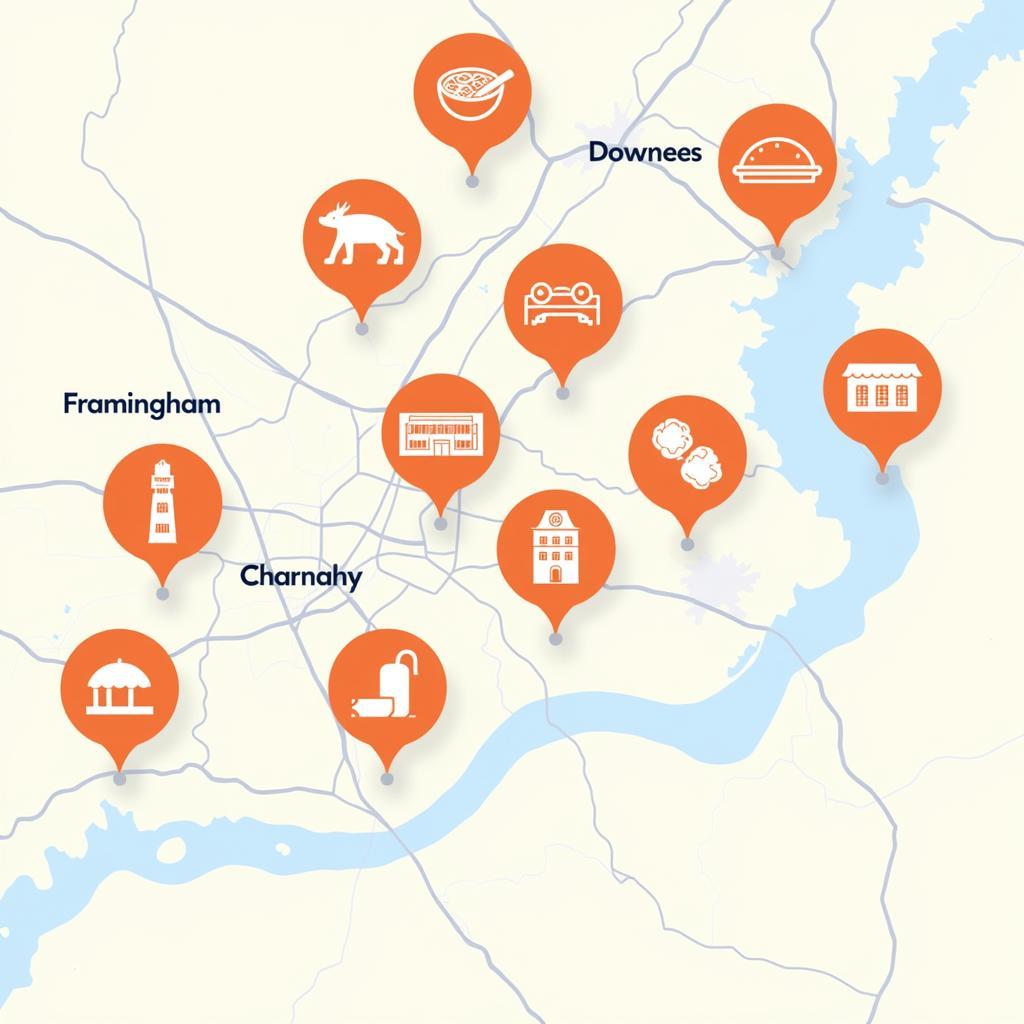 Map highlighting Chinese food delivery options in Framingham, MA