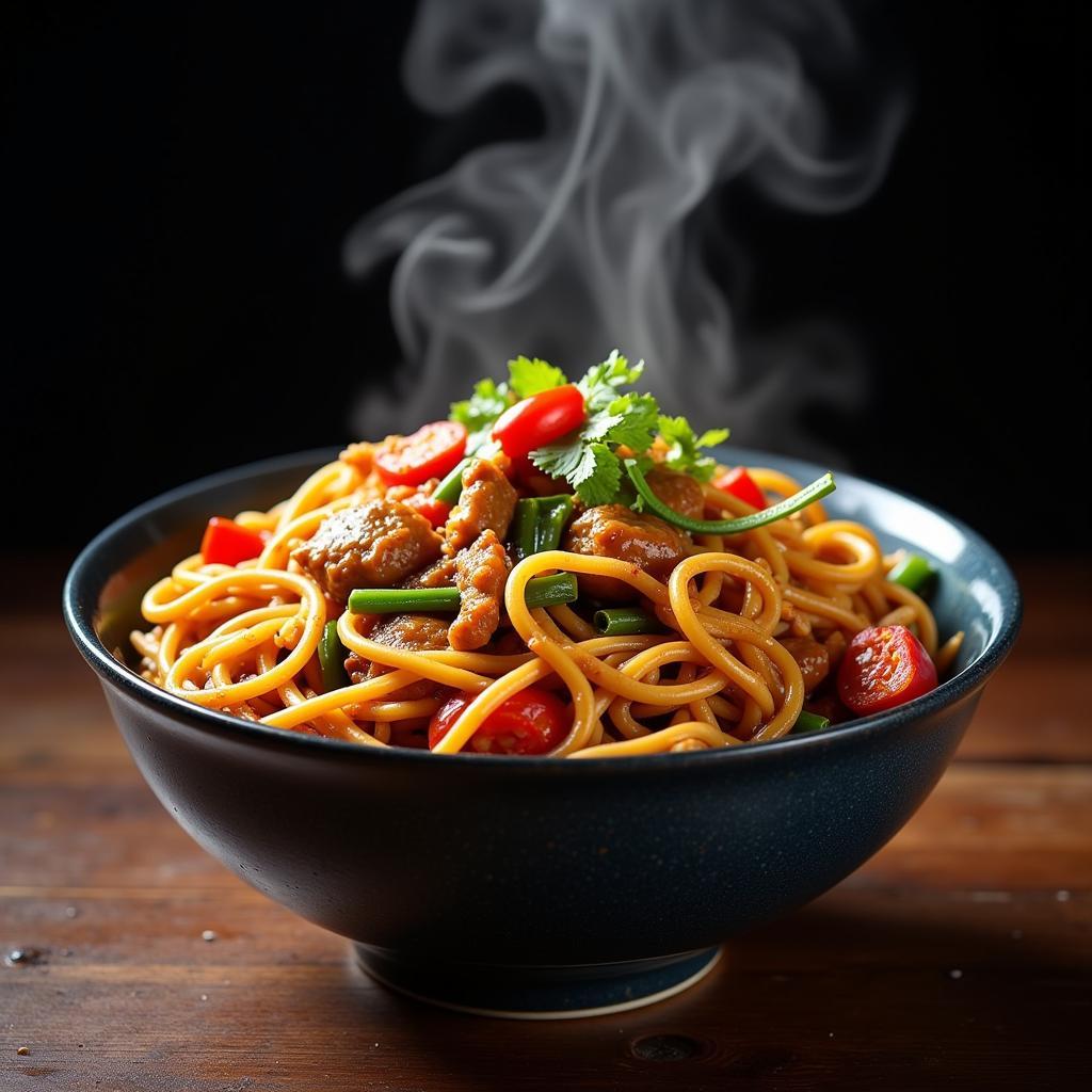 A steaming bowl of Chinese noodles with vegetables and meat at a DeWitt restaurant.