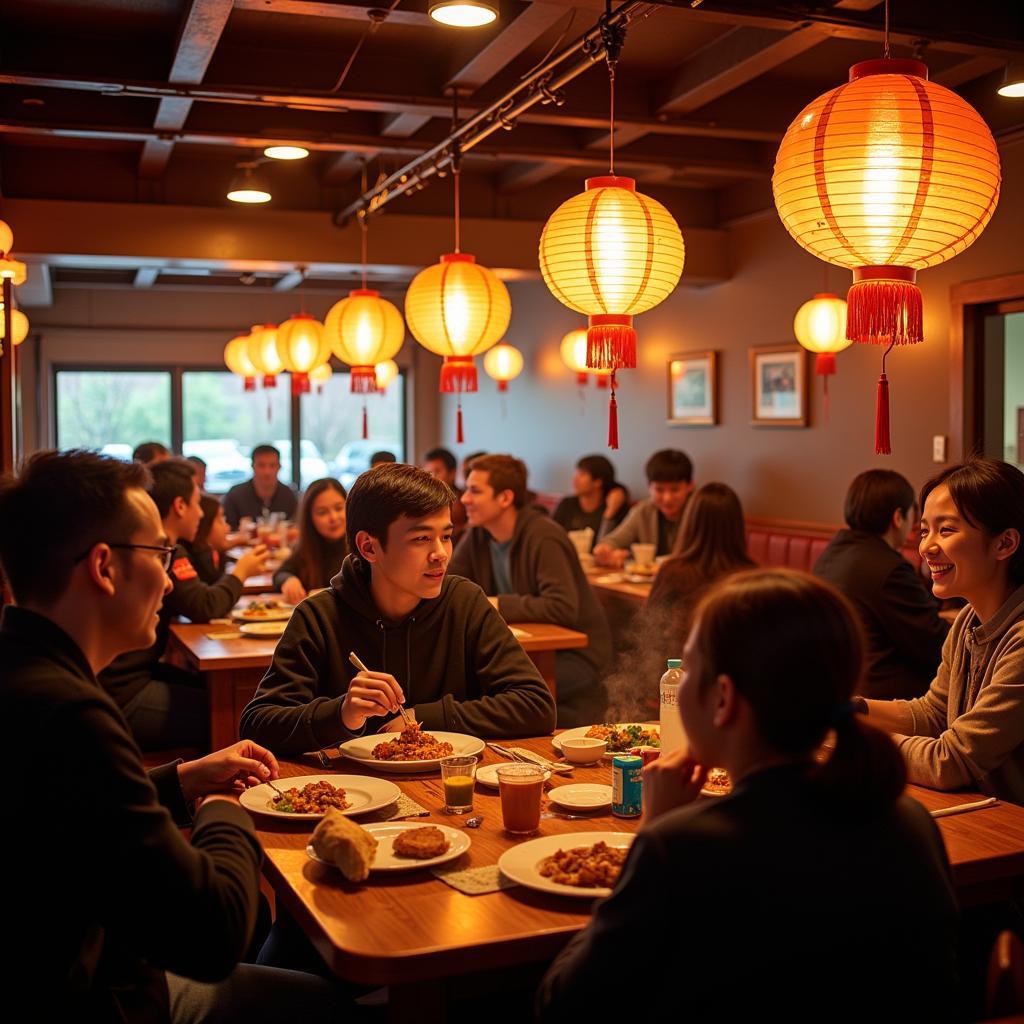 A vibrant and bustling Chinese restaurant interior in Hudson, NH, filled with diners enjoying their meals.