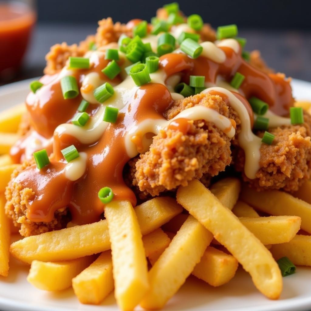 Chubby's Chickn loaded fries with fried chicken, cheese, and sauce.