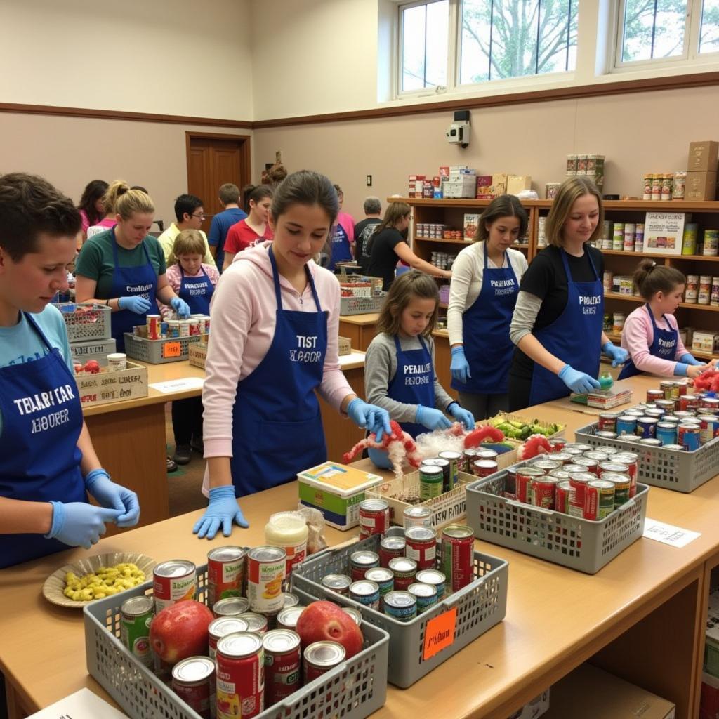 Volunteers sorting food donations at a church food pantry