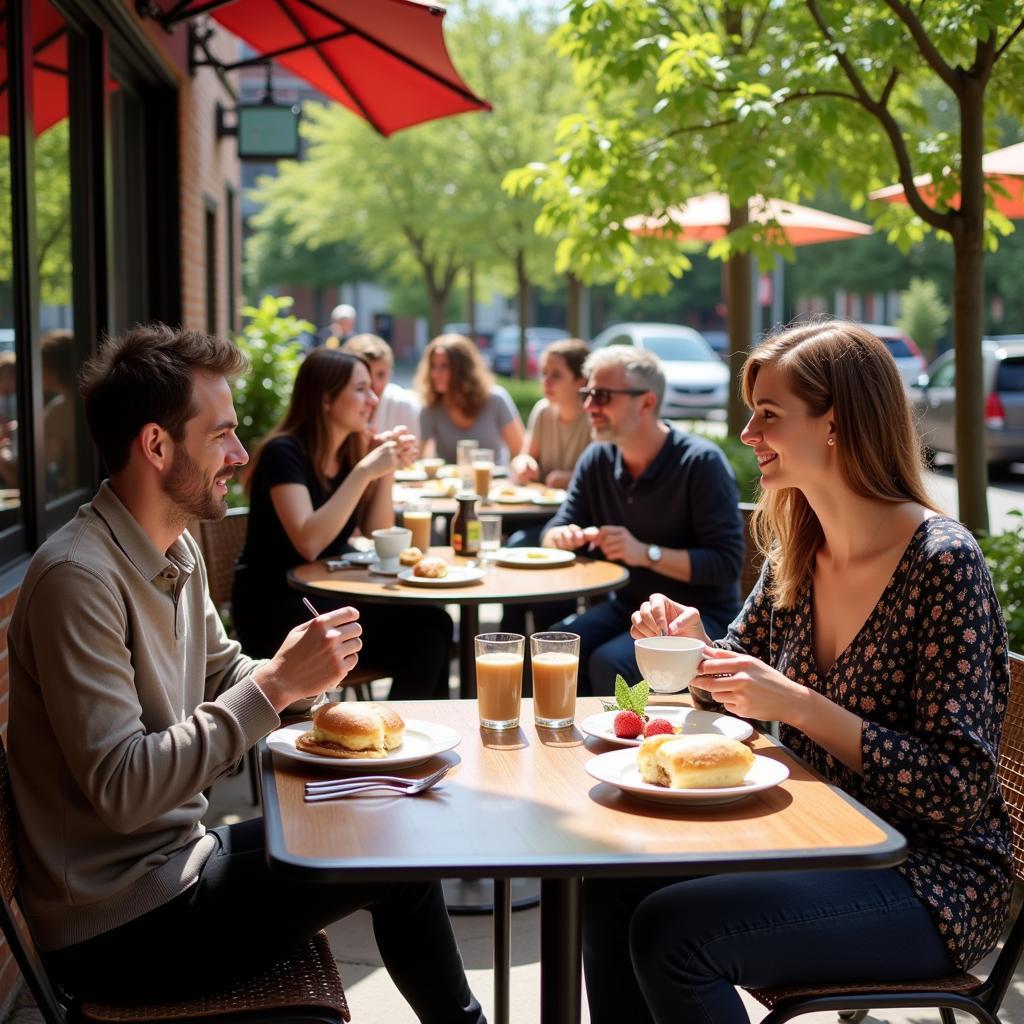 People enjoying city food and beverages at an outdoor cafe.