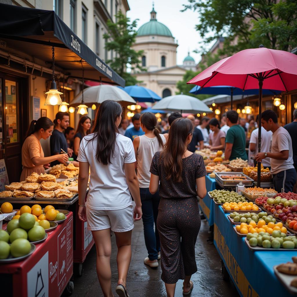 Street food vendors offering diverse culinary delights in a bustling city center.